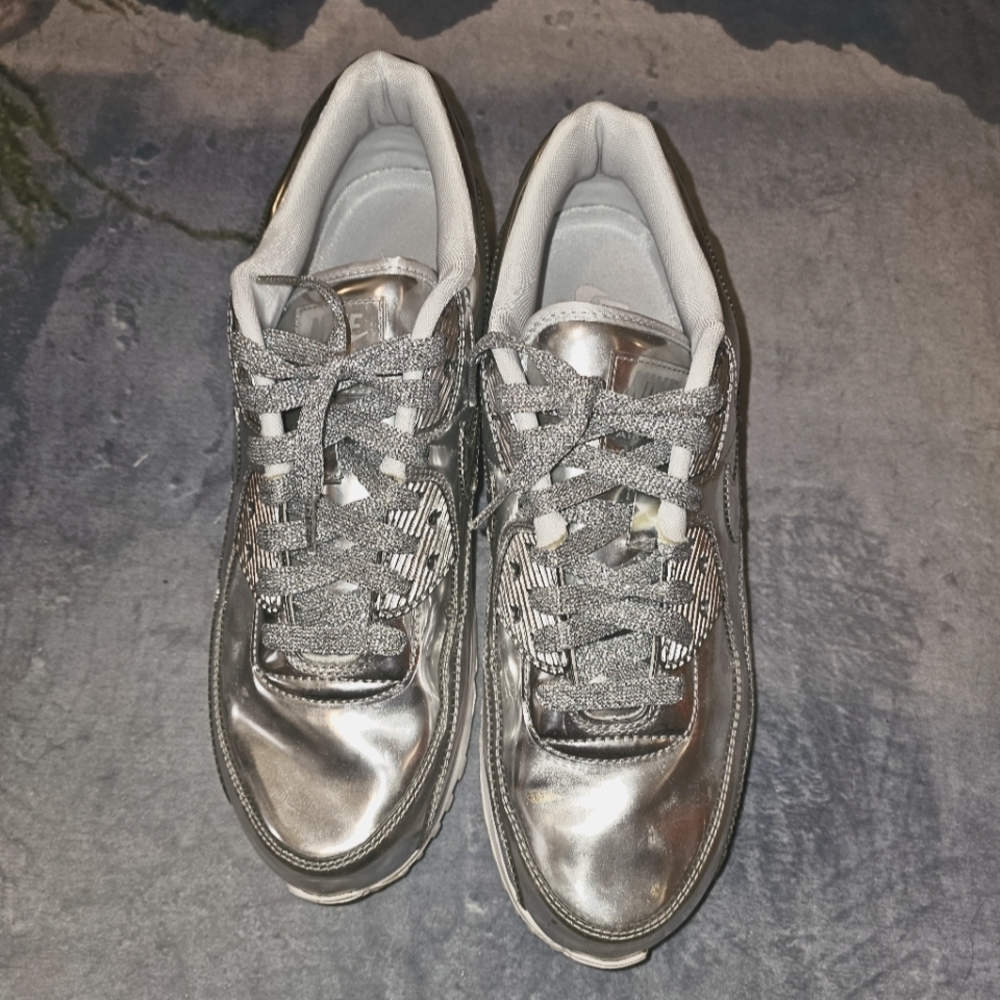 Chrome, yes CHROME, Nike Air!  Sick shoes!  Size 12 in women's or 44.5 in Euro.